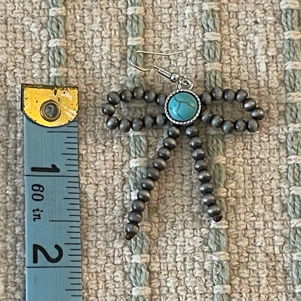 New - Faux Navajo Pearls with Turquoise Beads - Dangle Bow Earrings - Picture 2 of 2